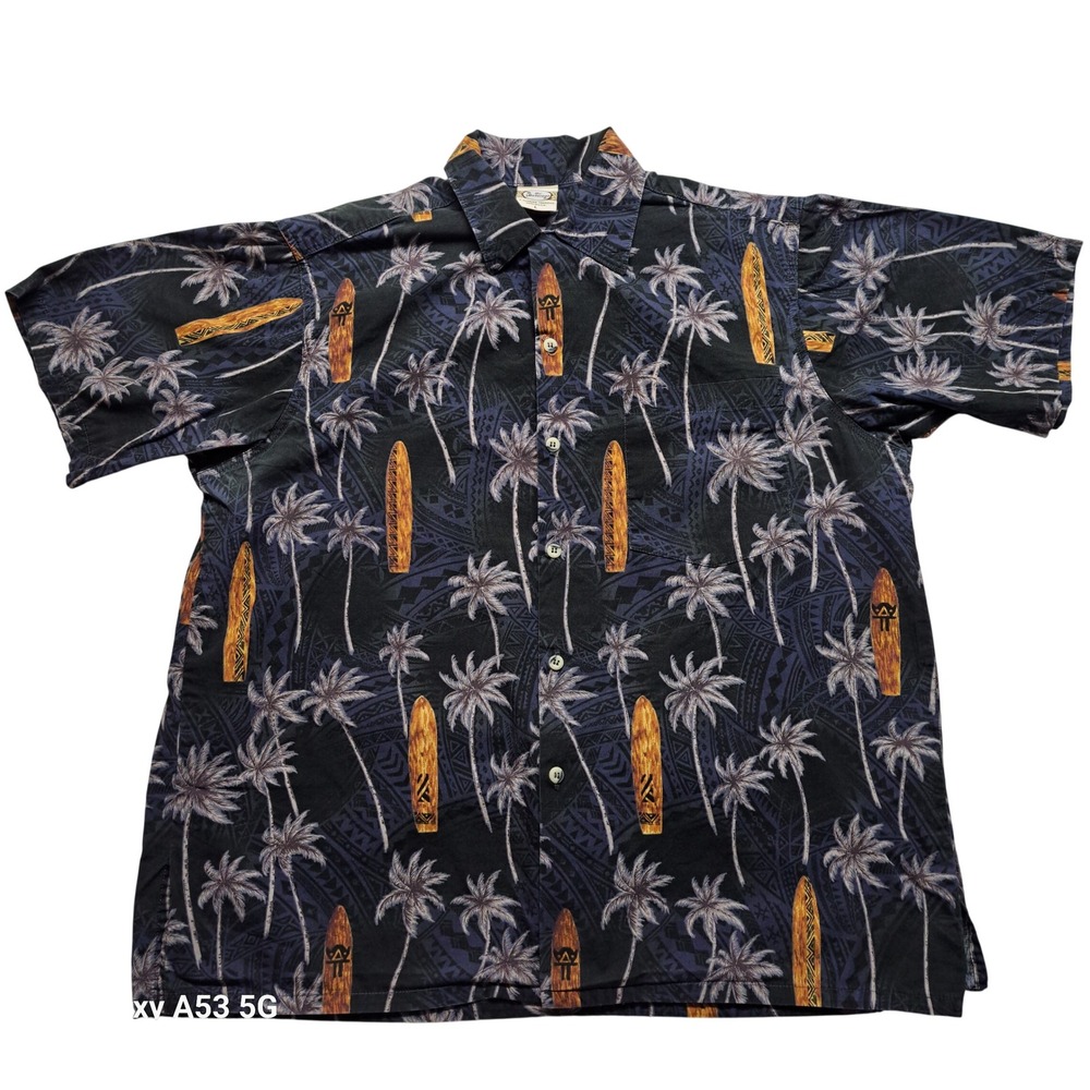Go Barefoot Hawaiian Shirt Mens L Black Surfboard Palm Tree Excellent Aloha‎ USA